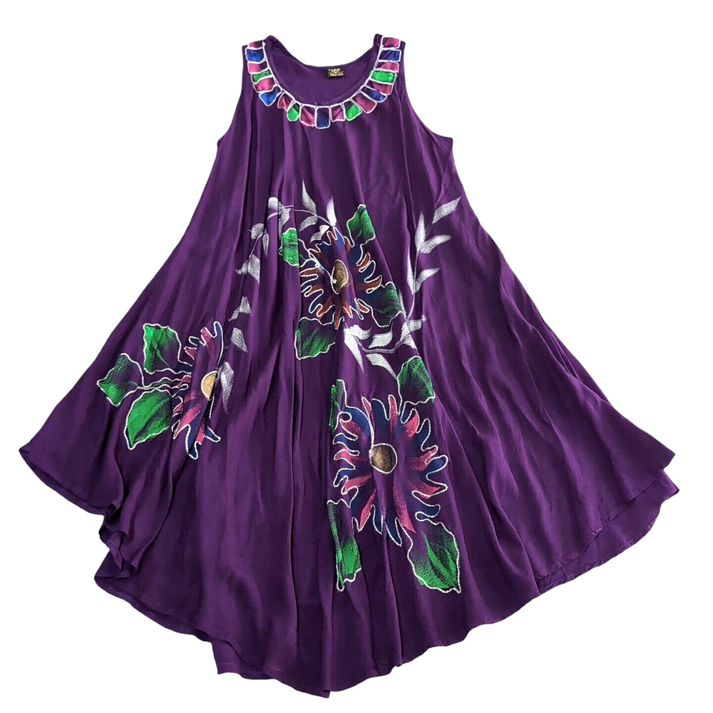 OMJA Midi Maxi Dress Women’s OS One Size Purple Floral Embroidered‎ Rayon Boho